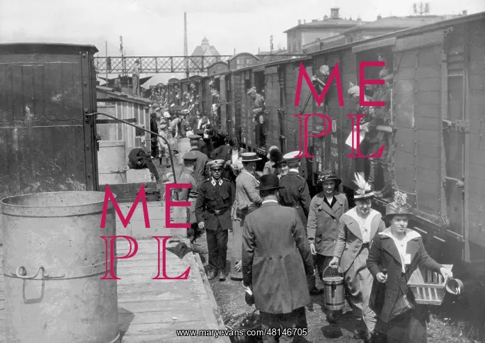 : German soldiers travel by train to the front, 1914 : German soldiers travel by train to the front, 1914