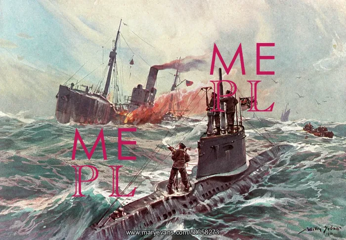 : German Submarine Attacking English Merchant Ship, 1916 : German Submarine Attacking English Merchant Ship, 1916