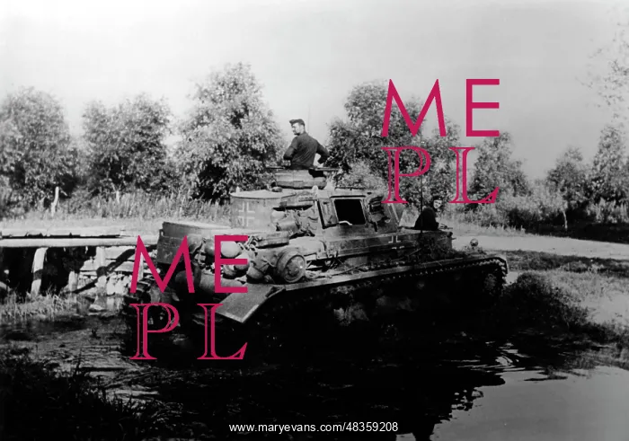 : German tank crosses a river, 1942 : German tank crosses a river, 1942
