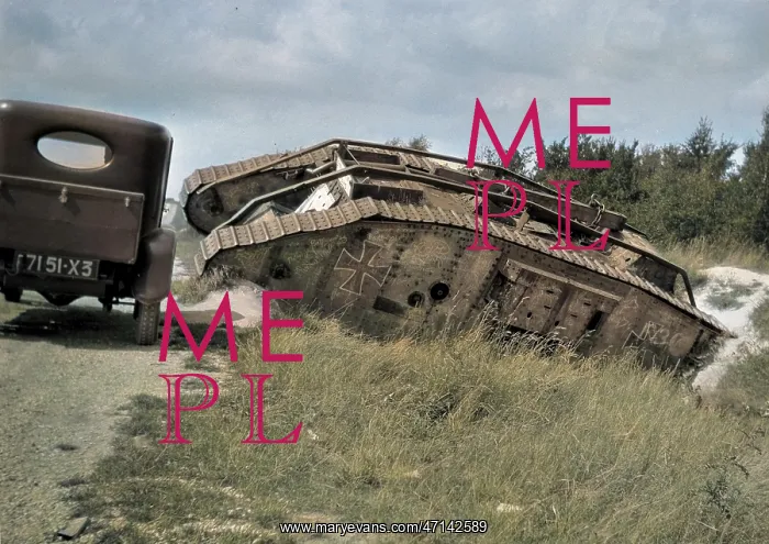 : German tank at the side of a road, WWI : German tank at the side of a road, WWI