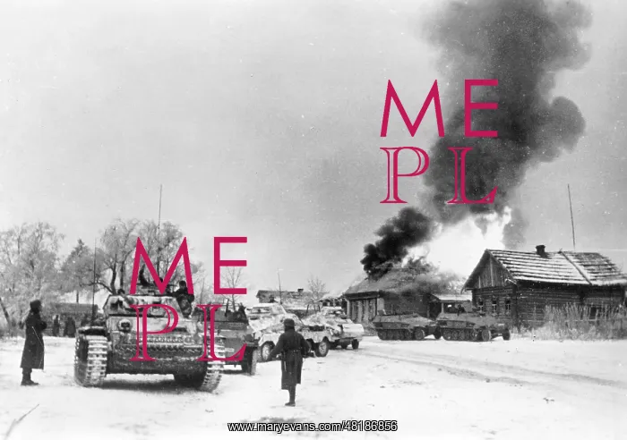 : German tanks and vehicles in a village on the Eastern Front : German tanks and vehicles in a village on the Eastern Front