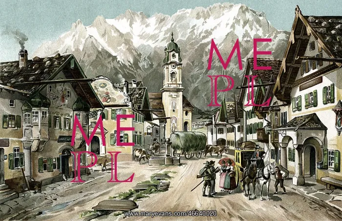 : Germany, Mittenwald, Bavaria, marketplace, watercolour : Germany, Mittenwald, Bavaria, marketplace, watercolour