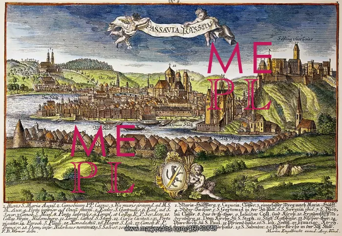 : Germany, Passau, view, coloured copper engraving : Germany, Passau, view, coloured copper engraving