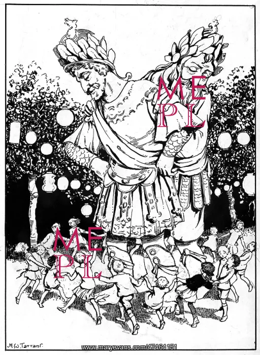 : Two giants Gog and Magog surrounded by children : Two giants Gog and Magog surrounded by children