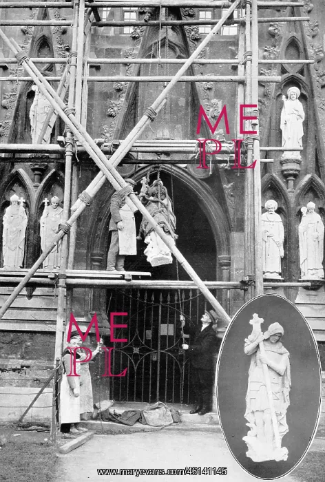 : A gift to Exeter Cathedral - statues being hoisted into plac : A gift to Exeter Cathedral - statues being hoisted into plac