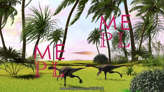 : Two Gigantoraptors running across a grassy field : Two Gigantoraptors running across a grassy field