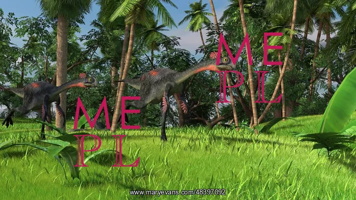 : Two Gigantoraptors running across a grassy field : Two Gigantoraptors running across a grassy field