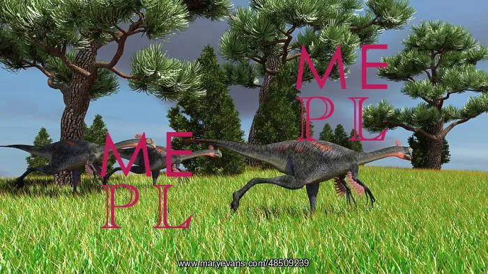 : Three Gigantoraptors running across a grassy field : Three Gigantoraptors running across a grassy field