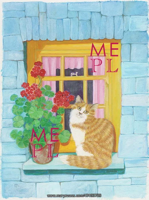 : Ginger Cat with Geranium on Window Sill : Ginger Cat with Geranium on Window Sill