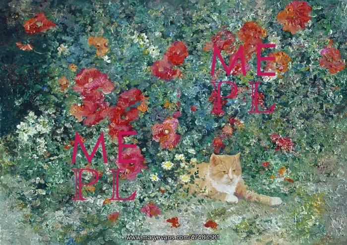  : Ginger cat lying under a bush of flowers