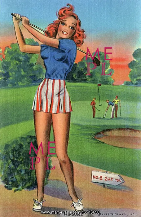 : A ginger-haired young lady golfer, completing her swing : A ginger-haired young lady golfer, completing her swing