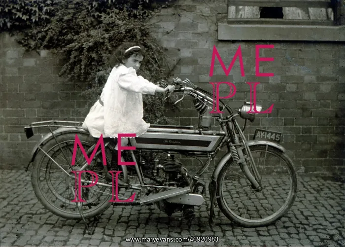 : Girl on a 1908 The Campion motorcycle : Girl on a 1908 The Campion motorcycle