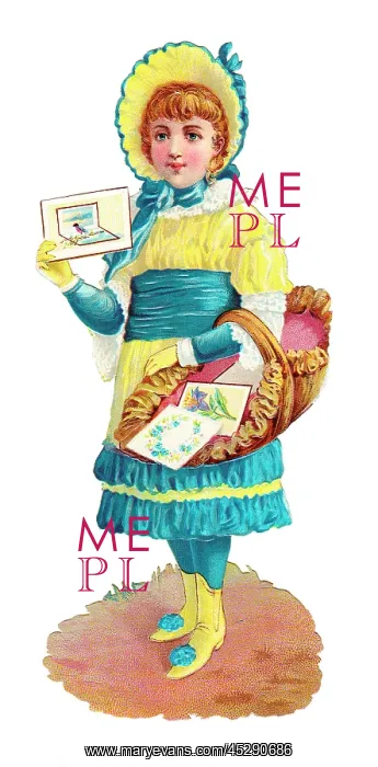 : Girl with basket on a Victorian scrap : Girl with basket on a Victorian scrap