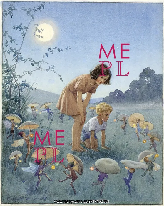 : Girl and boy inside circle of fairies holding toadstools : Girl and boy inside circle of fairies holding toadstools