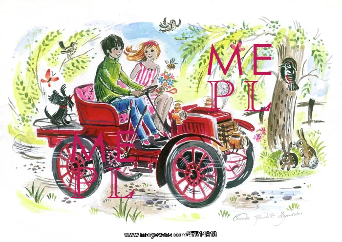 : Girl and boy on in an old motor car : Girl and boy on in an old motor car