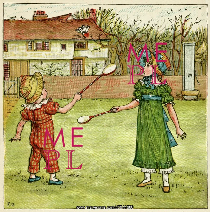 : Girl and boy playing shuttlecock and battledore : Girl and boy playing shuttlecock and battledore