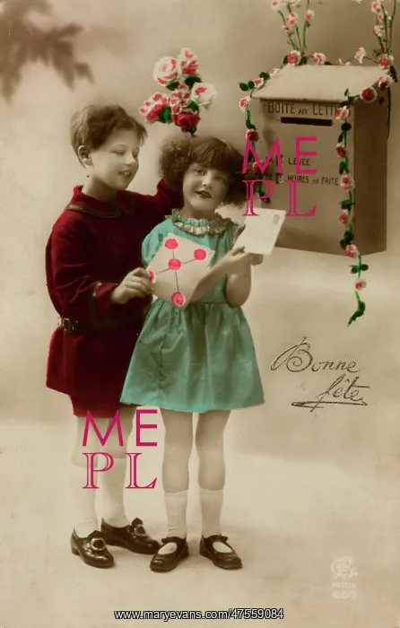 : Girl and boy posting a letter : Girl and boy posting a letter