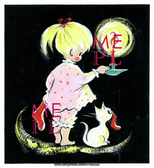 : Girl with a candlestick and a white kitten : Girl with a candlestick and a white kitten