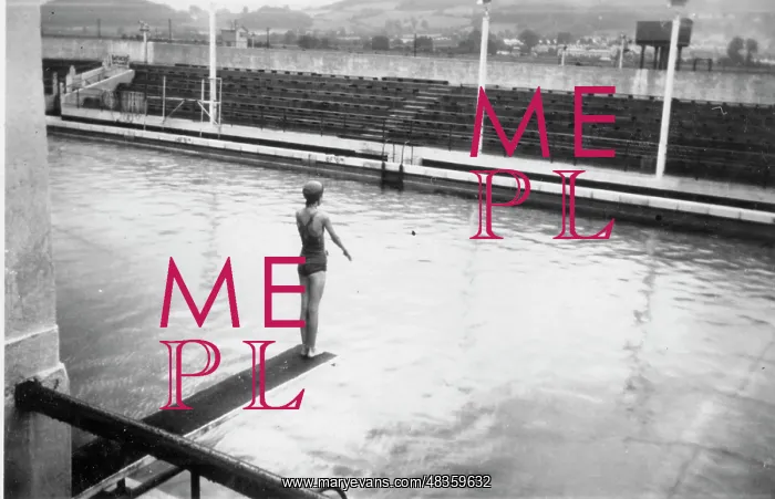 : Girl on a diving board at Minehead, Somerset : Girl on a diving board at Minehead, Somerset