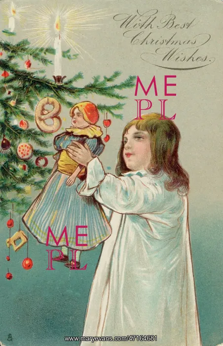 : Girl, doll and Christmas tree : Girl, doll and Christmas tree