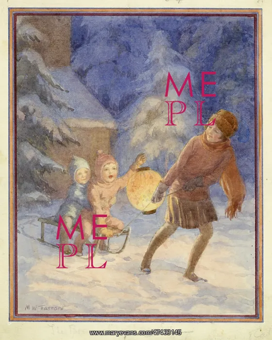 : Girl dragging two small children with a lantern : Girl dragging two small children with a lantern