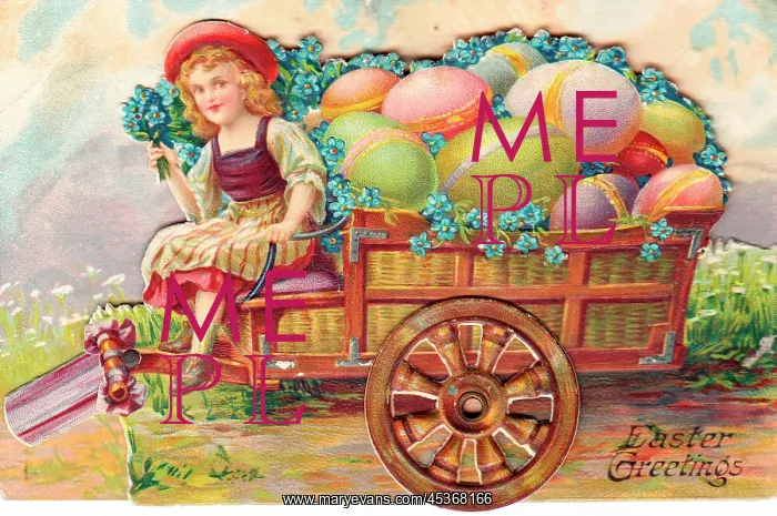 : Girl with eggs and flowers in a cart on an Easter postcard