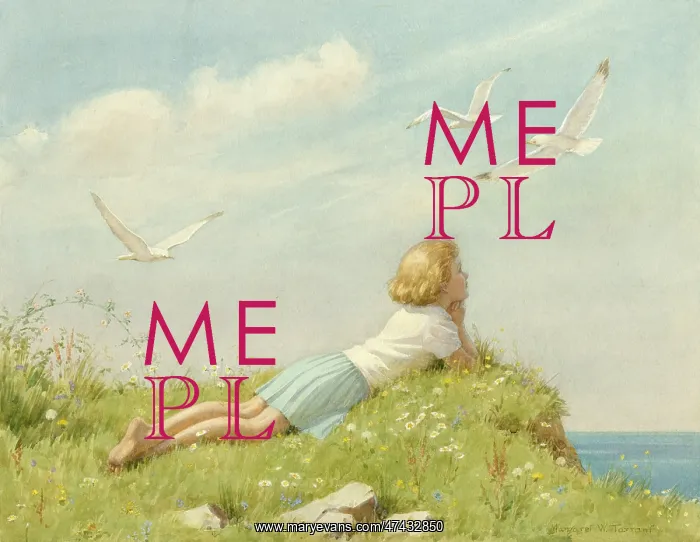 : A girl on the grass at cliff edge and seagulls : A girl on the grass at cliff edge and seagulls
