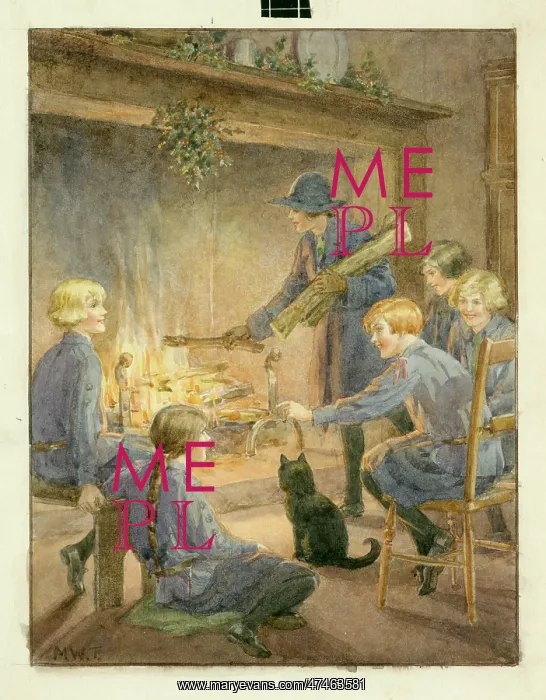 : Girl Guides and cat around Fireplace : Girl Guides and cat around Fireplace