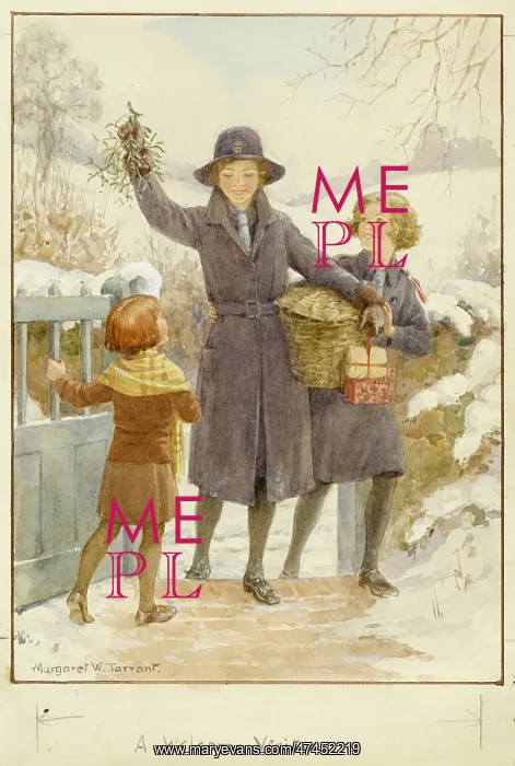: Girl guides at gate with mistletoe and presents : Girl guides at gate with mistletoe and presents