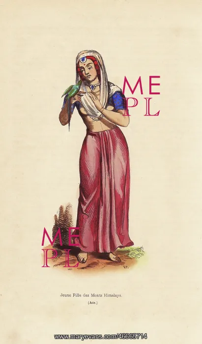 : Girl from the Himalayan mountains playing with a parrot : Girl from the Himalayan mountains playing with a parrot
