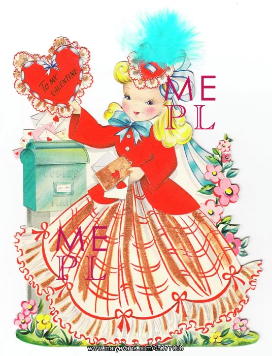  : Girl at a post box on a Valentine card