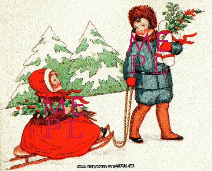 : Girl pulled in sledge through the wintry countryside : Girl pulled in sledge through the wintry countryside