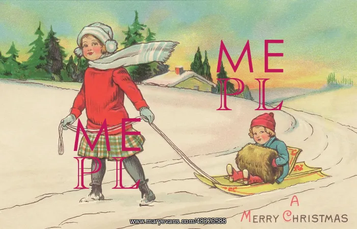 : Girl pulling her little brother along on a sledge : Girl pulling her little brother along on a sledge