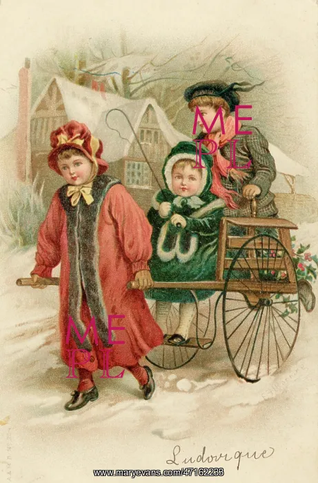 : Girl pulls children's handcart through the snow : Girl pulls children's handcart through the snow