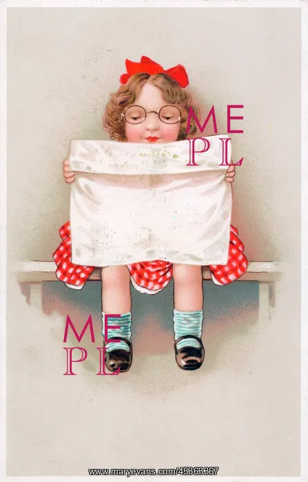 : Girl reading a newspaper on a greetings postcard : Girl reading a newspaper on a greetings postcard