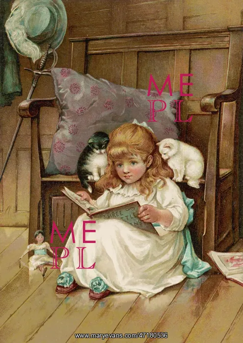 : GIRL READS WITH KITTENS : GIRL READS WITH KITTENS
