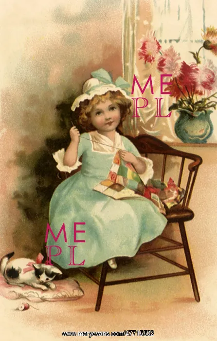 : Girl Sewing and Cat : Girl Sewing and Cat