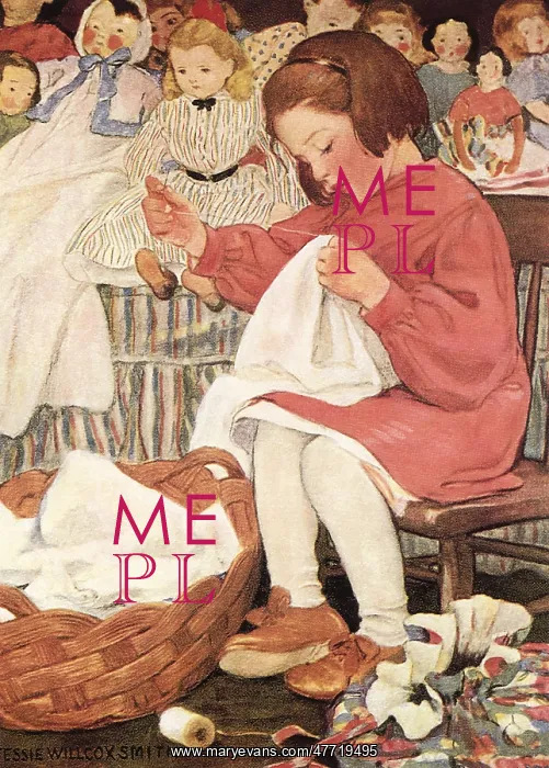 : Girl Sewing with Dolls : Girl Sewing with Dolls