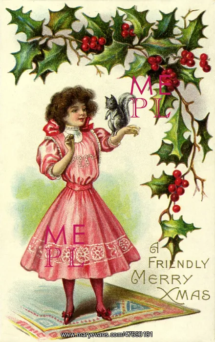 : Girl with Squirrel on Arm within Holly Border : Girl with Squirrel on Arm within Holly Border
