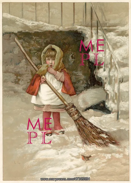 : GIRL SWEEPS SNOW C1890 : GIRL SWEEPS SNOW C1890