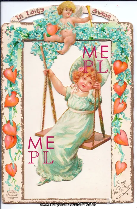 : Girl on a swing on a movable Valentine card : Girl on a swing on a movable Valentine card