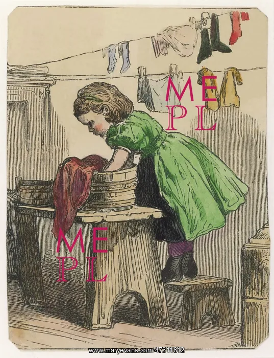 : GIRL WASHES CLOTHES 1870 : GIRL WASHES CLOTHES 1870