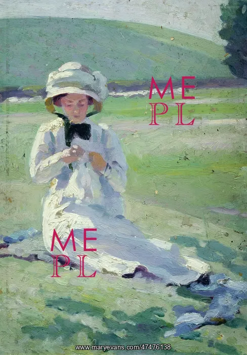 : Girl in white sitting on grass, sewing : Girl in white sitting on grass, sewing