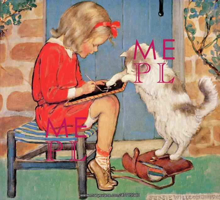 : Girl Writing with Cat : Girl Writing with Cat