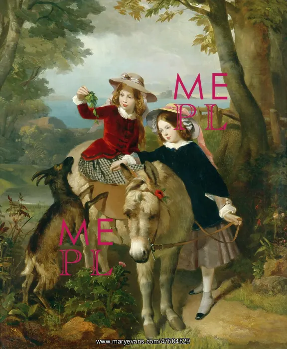 : Two girls with a donkey and a goat : Two girls with a donkey and a goat