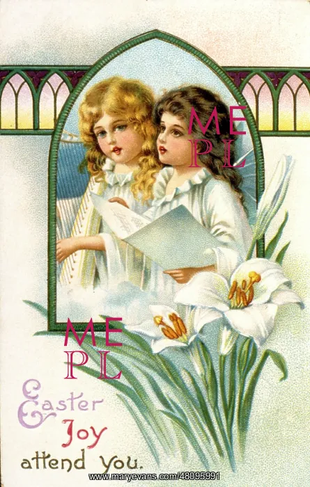  : Girls and flowers on an Easter card