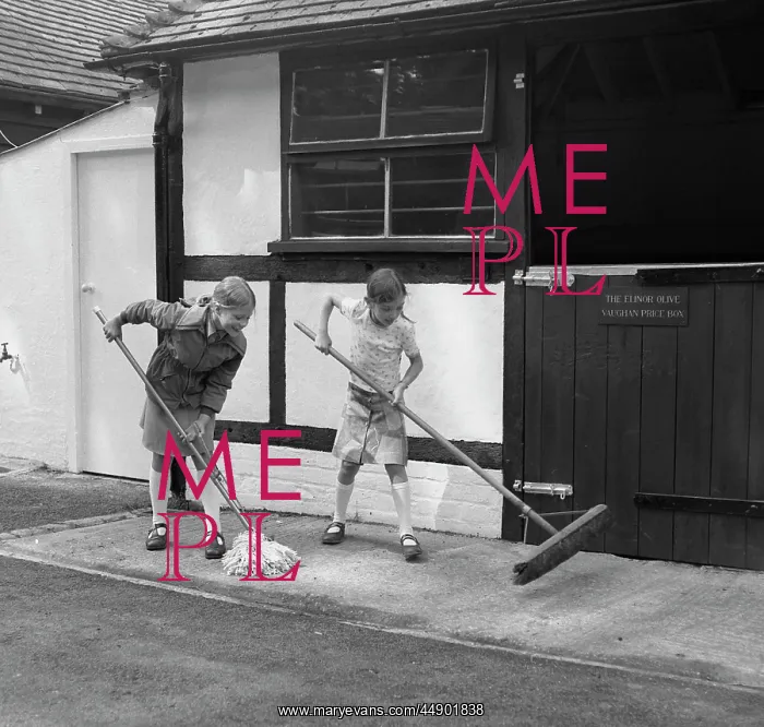 : Two girls mopping and sweeping up : Two girls mopping and sweeping up