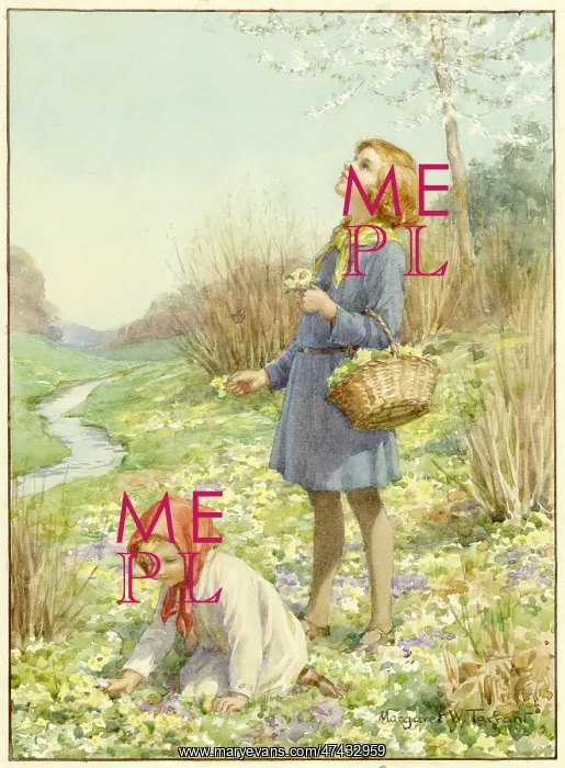 : Two girls picking wild flowers by a stream : Two girls picking wild flowers by a stream