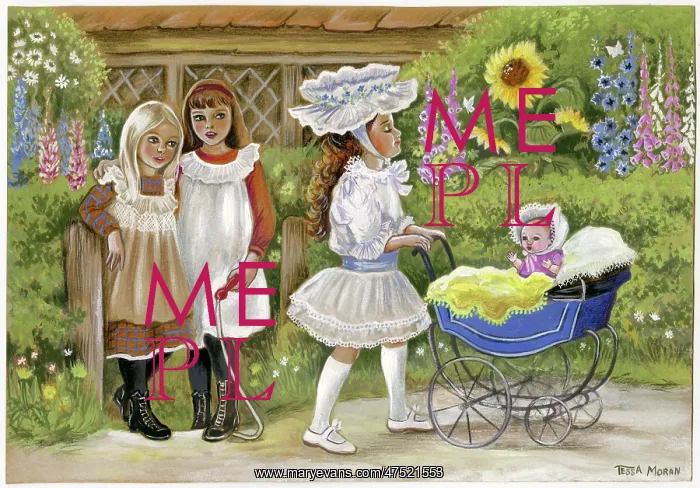 : Three girls - one pushing a doll's pram : Three girls - one pushing a doll's pram