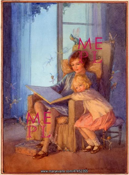 : Two girls reading book with fairies around : Two girls reading book with fairies around